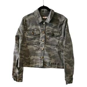 Copper Key Womens Medium Green Camo Semi Cropped Jacket Flap Pockets Button Down